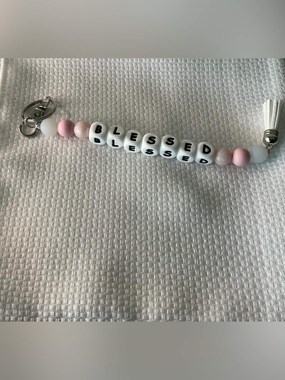 Blessed Pink and White Beaded Keychain